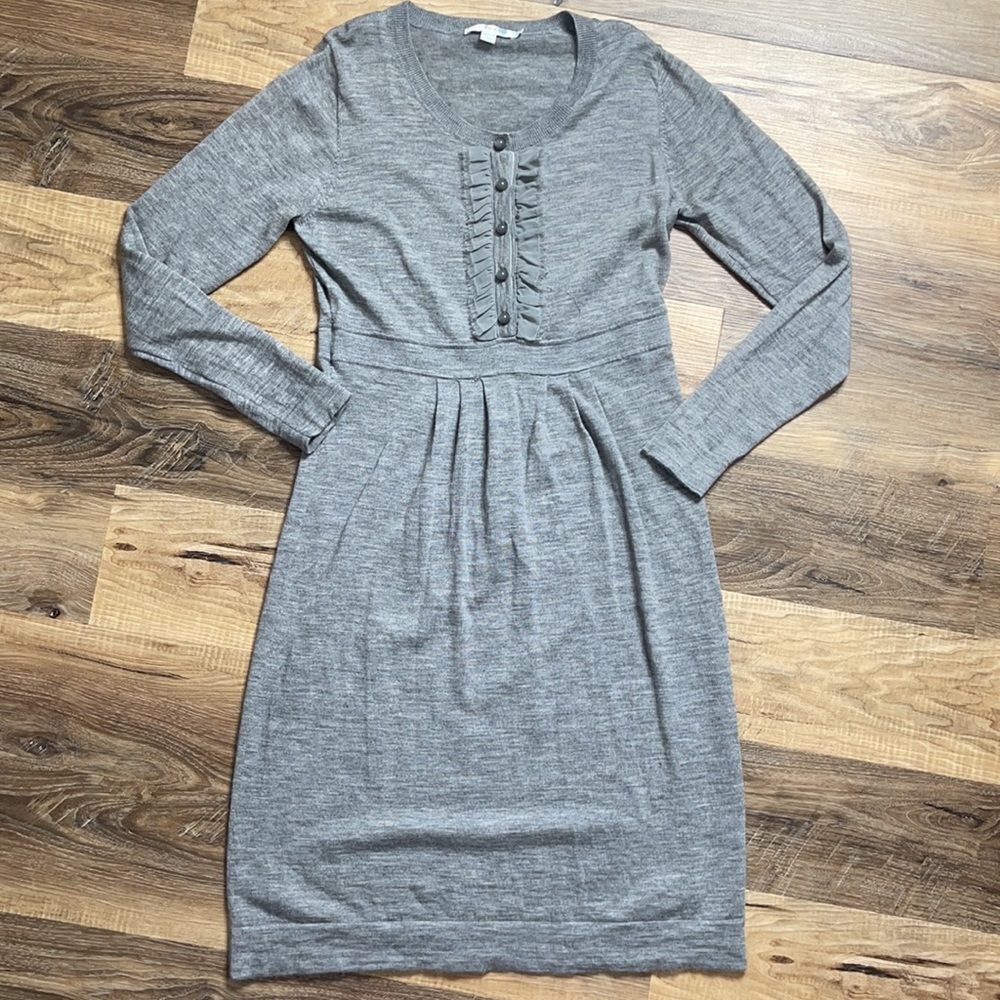 Boden Gray Long-Sleeve Knit Ruffled Front Dress, Size 12R